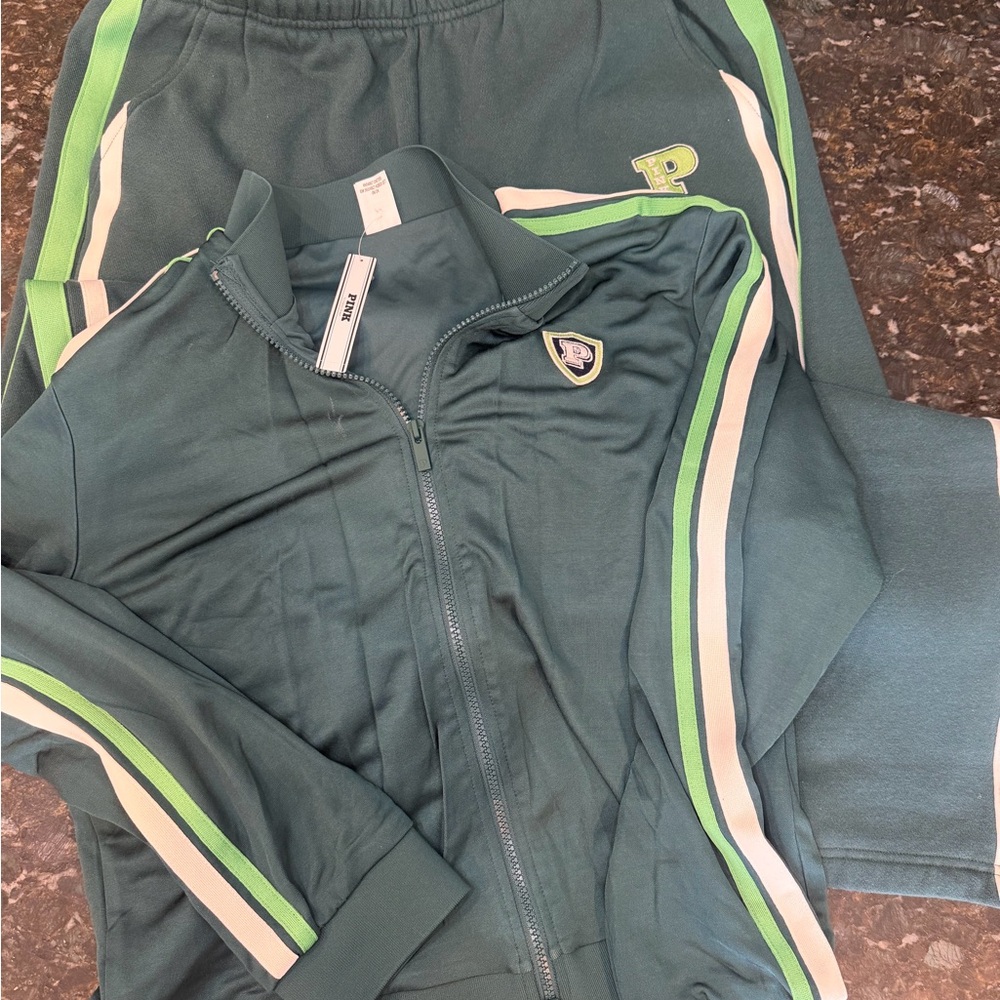 Victoria’s Secret Green and White Track Jacket and Pants Set not puma
